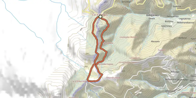 Carte du tracé de Elorrieta sur le Plan IGN, départ et points de passage numérotés