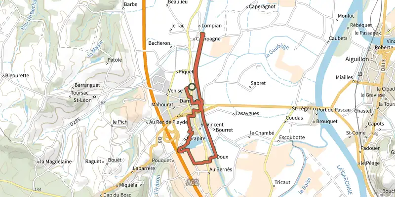 Map of the Damazan, la Bastide du Canal de Garonne - 9,8km track on the IGN map, with the start and numbered waypoints