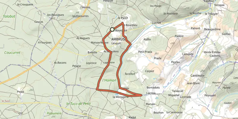 Map of the Ambrus, découverte de la forêt - 6.2 km track on the IGN map, with the start and numbered waypoints