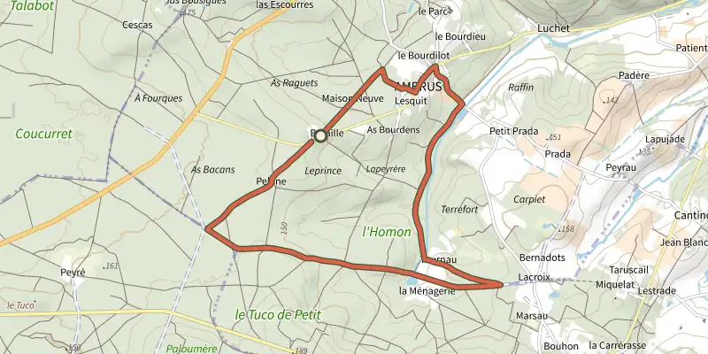 Map of the Ambrus, la balade forestière de Pelane - 7.3 km track on the IGN map, with the start and numbered waypoints
