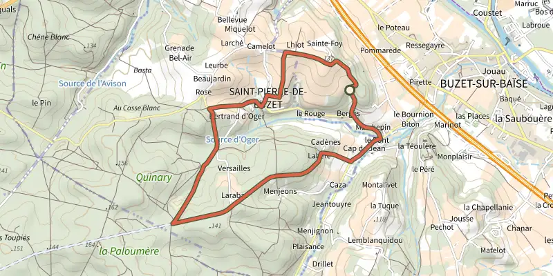 Map of the Saint-Pierre-de-Buzet track on the IGN map, with the start and numbered waypoints