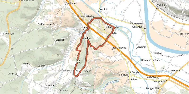 Map of the Buzet-sur-Baïse, randonnée autour du Château - 11.1 km track on the IGN map, with the start and numbered waypoints