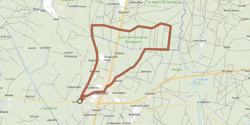 Map of the Houeillès, balade en forêt - 9.4 km track on the IGN map, with the start and numbered waypoints