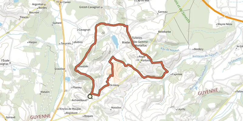 Map of the Labastide-Castel-Amouroux à ciel ouvert - 17.7 km track on the IGN map, with the start and numbered waypoints