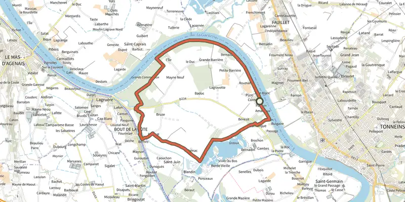 Map of the Lagruère, promenade sur les berges de Garonne - 9.8 km track on the IGN map, with the start and numbered waypoints