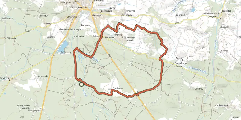 Map of the La Taillade, par les églises de Beyrac et Couthures track on the IGN map, with the start and numbered waypoints
