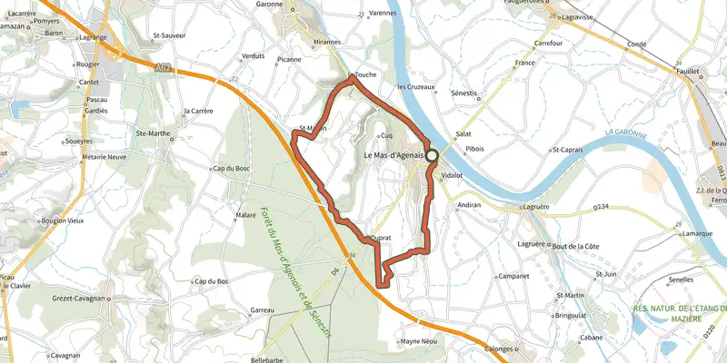 Map of the Le Mas-d'Agenais, du canal à la forêt - 12.8 km track on the IGN map, with the start and numbered waypoints