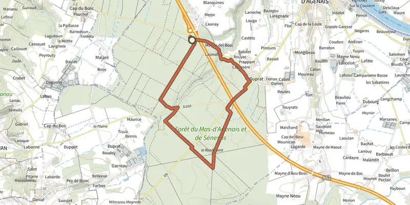 Map of the Le Mas-d'Agenais - Les princes des sous-bois en forêt du Mas track on the IGN map, with the start and numbered waypoints