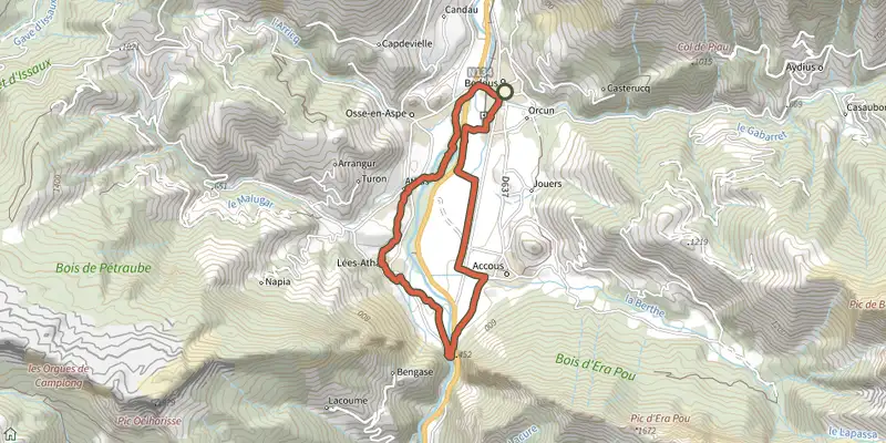 Carte du tracé de Chemins du Gave asp12 sur le Plan IGN, départ et points de passage numérotés