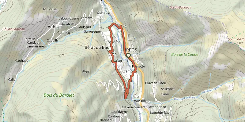 Map of the Tour Urdos - Bérat asp66 track on the IGN map, with the start and numbered waypoints