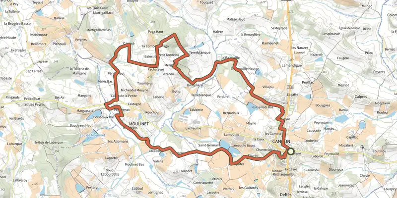 Map of the Cancon, vers Moulinet, à la découverte du terroir track on the IGN map, with the start and numbered waypoints