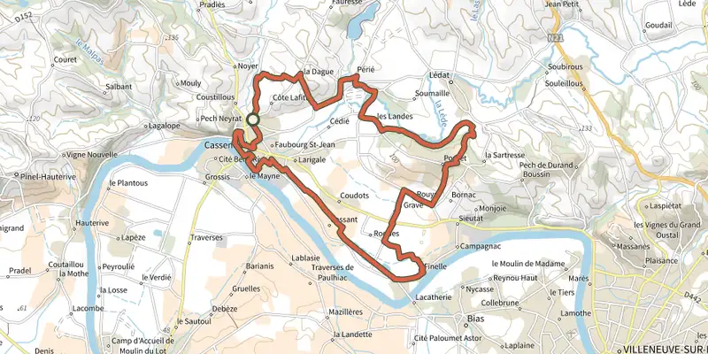Map of the Casseneuil, le Circuit des Trois Rivières track on the IGN map, with the start and numbered waypoints