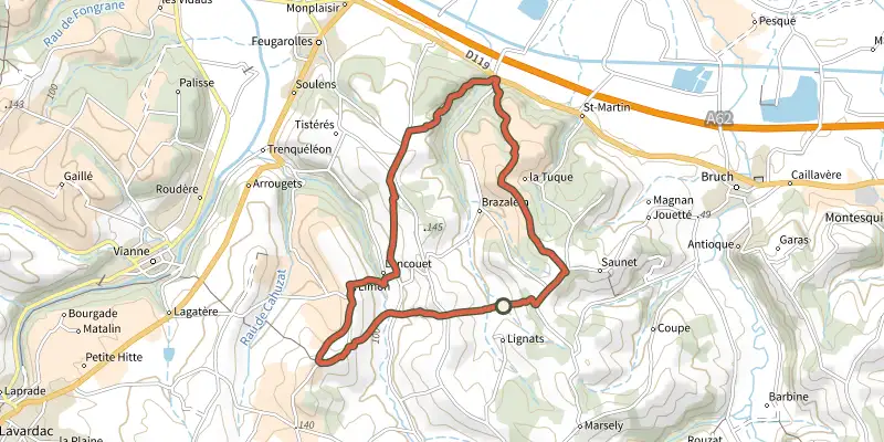 Carte du tracé de Feugarolles, Brazalemn et Limon sur le Plan IGN, départ et points de passage numérotés