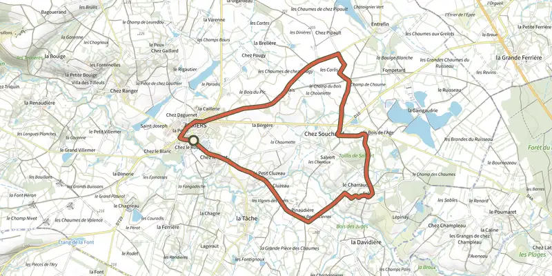 Map of the Les Chaumes du Chapître - circuit n°4 track on the IGN map, with the start and numbered waypoints