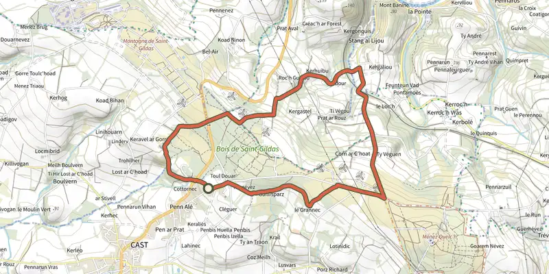 Carte du tracé de Circuit du Bois de Saint-Gildas sur le Plan IGN, départ et points de passage numérotés