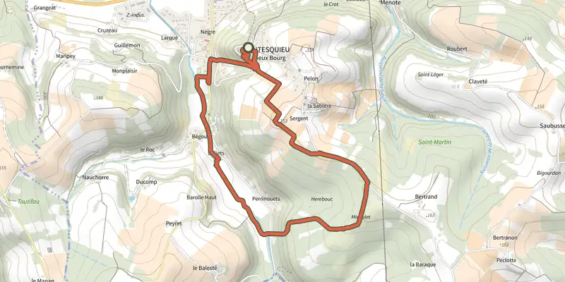 Carte du tracé de Montesquieu, la randonnée du pont de Ninon - 4.8 km sur le Plan IGN, départ et points de passage numérotés
