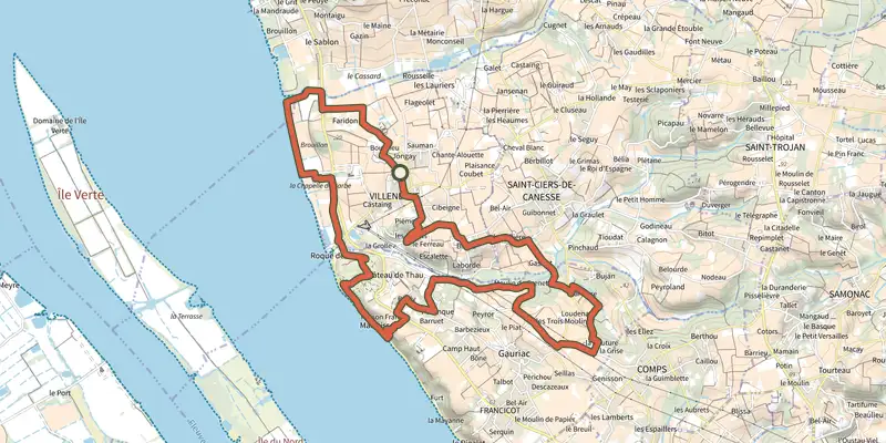 Carte du tracé de Balade de l'Estuaire sur le Plan IGN, départ et points de passage numérotés