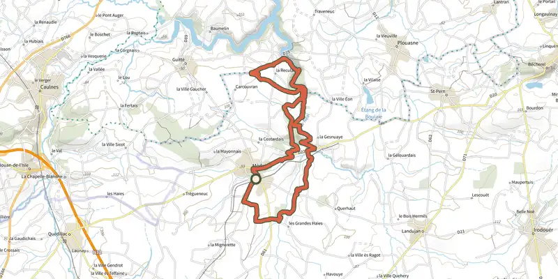 Map of the Médréac - vallée du Néal track on the IGN map, with the start and numbered waypoints