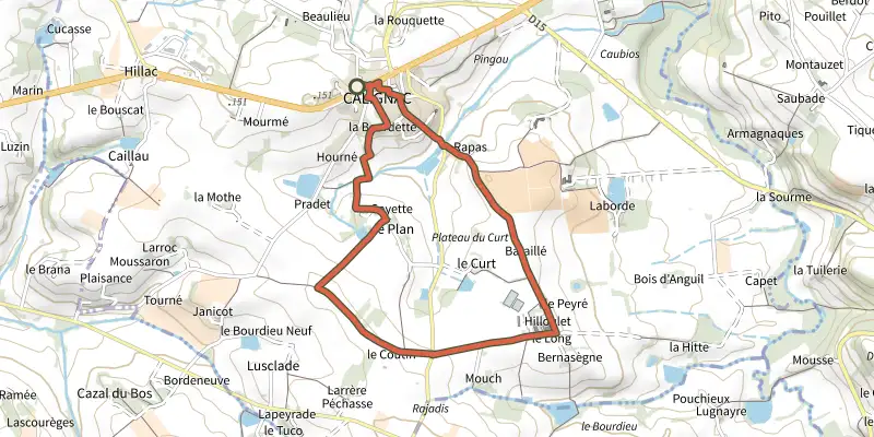 Map of the Calignac, un village gascon - 5.8 km track on the IGN map, with the start and numbered waypoints