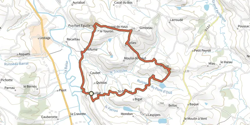 Carte du tracé de Fieux, panoramas de Gascogne - 14.5 km sur le Plan IGN, départ et points de passage numérotés