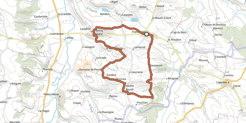 Map of the Francescas, circuit des pigeonniers de Gascogne - 15.5 km track on the IGN map, with the start and numbered waypoints