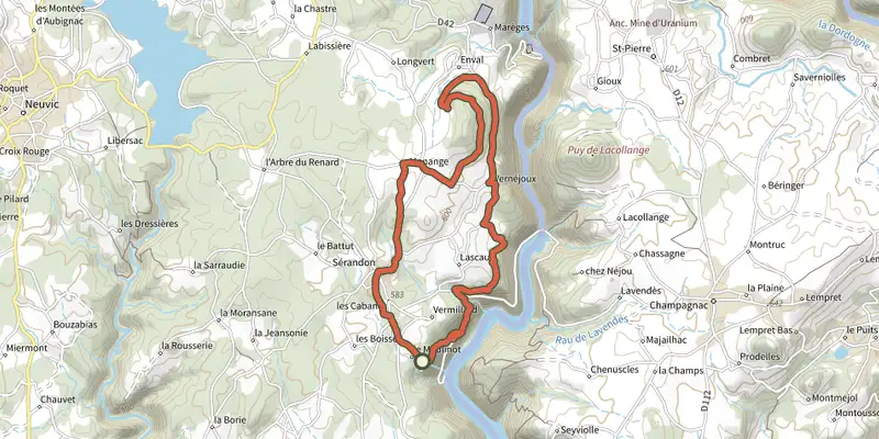 Carte du tracé de Sentier des Gorges sur le Plan IGN, départ et points de passage numérotés
