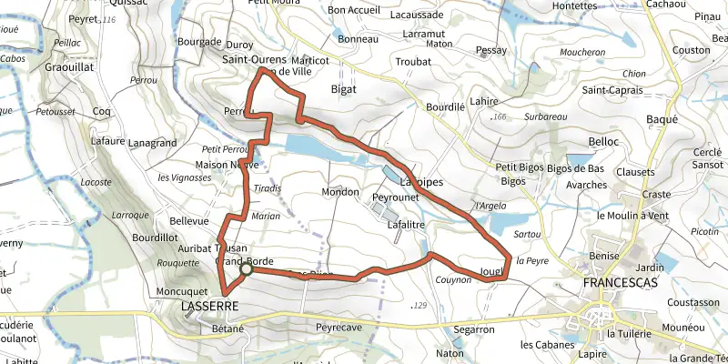 Map of the Lasserre, Les perles du Perrou - 7.3 km track on the IGN map, with the start and numbered waypoints