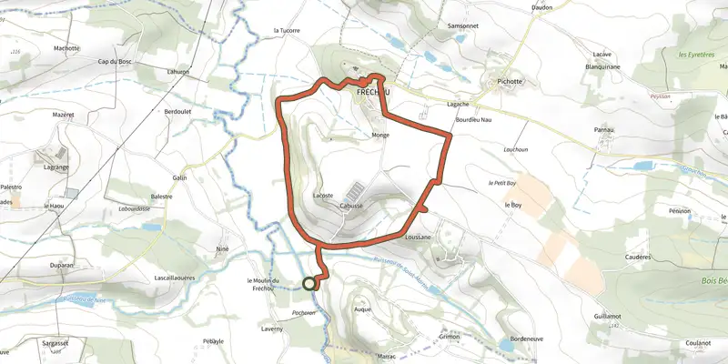 Carte du tracé de Le Fréchou, le pays des frênes - 4.6 km sur le Plan IGN, départ et points de passage numérotés