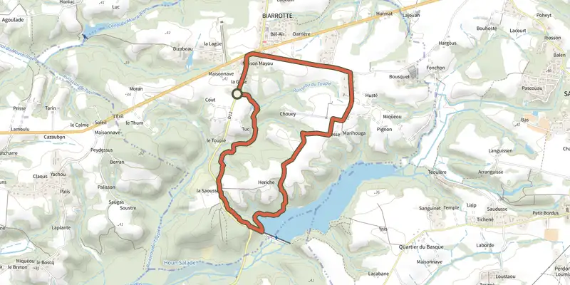 Carte du tracé de Circuit rando Biarrotte sur le Plan IGN, départ et points de passage numérotés
