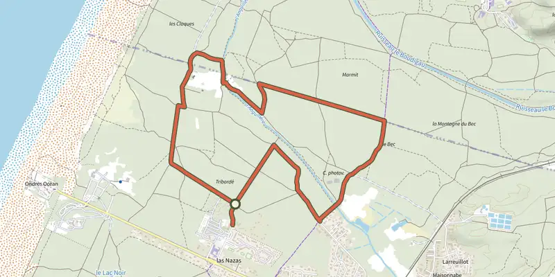 Map of the Pinède Ondres Rouge track on the IGN map, with the start and numbered waypoints