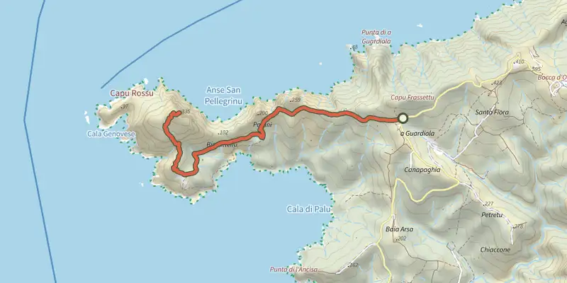 Map of the Capu Rossu Principal track on the IGN map, with the start and numbered waypoints