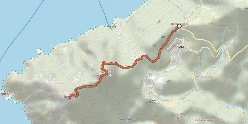 Map of the Monte Senino track on the IGN map, with the start and numbered waypoints