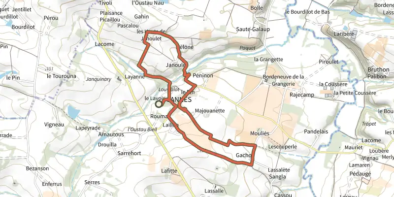 Map of the Lannes, la balade de Gachot 6.9 km track on the IGN map, with the start and numbered waypoints