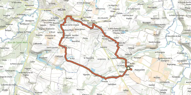 Map of the De Lannes à Mézin, le parfum de l'Armagnac-Ténarèze 9.6 km track on the IGN map, with the start and numbered waypoints