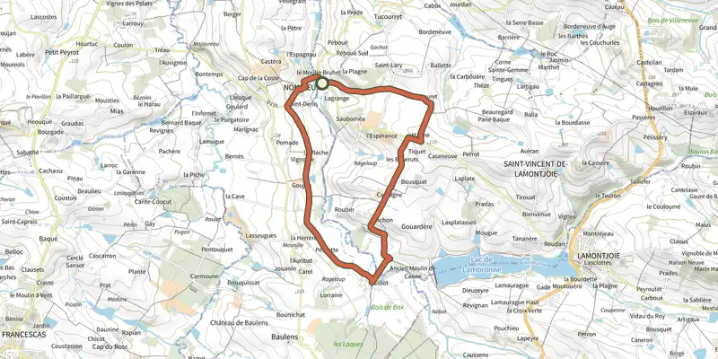 Map of the Le Nomdieu, vers le point de vue de l'église de Saint-Lary variante track on the IGN map, with the start and numbered waypoints