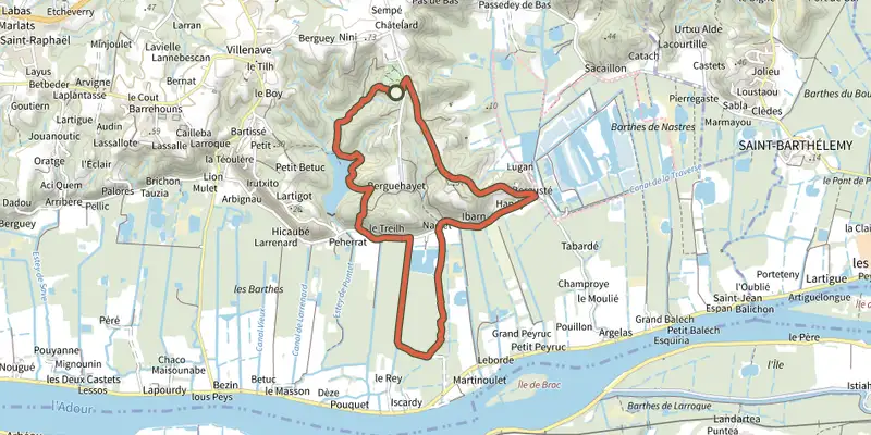 Carte du tracé de circuit_jaune_coteaux_barthes_smsx sur le Plan IGN, départ et points de passage numérotés