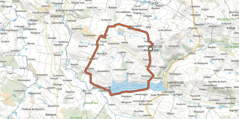 Map of the Saint-Vincent-de-Lamontjoie, balade vers le lac de Lambronne track on the IGN map, with the start and numbered waypoints