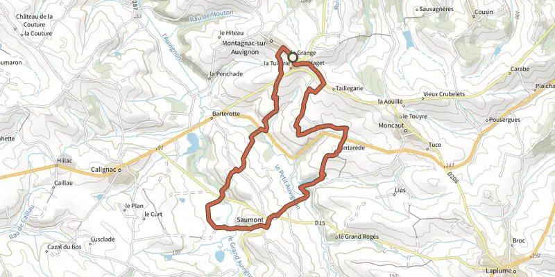 Map of the Le Saumont vers Montagnac track on the IGN map, with the start and numbered waypoints