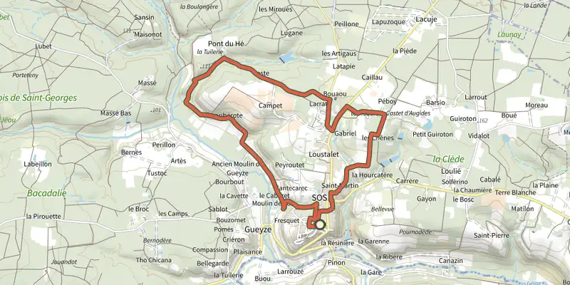 Map of the Sos, la promenade de Campet 7.9 km track on the IGN map, with the start and numbered waypoints