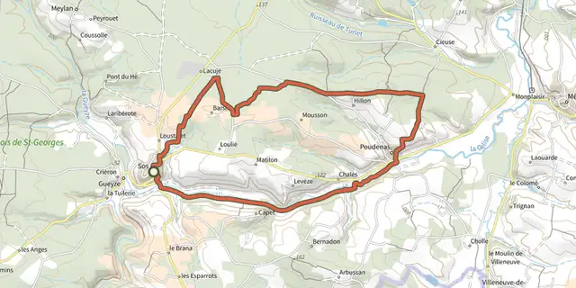 The De Sos à Poudenas sur le chemin de Gélise 17.2 km track on the IGN map