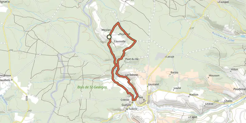 Map of the Sos, De Gueyze à Meylan, au fil de la Gueyze 11.3 km track on the IGN map, with the start and numbered waypoints
