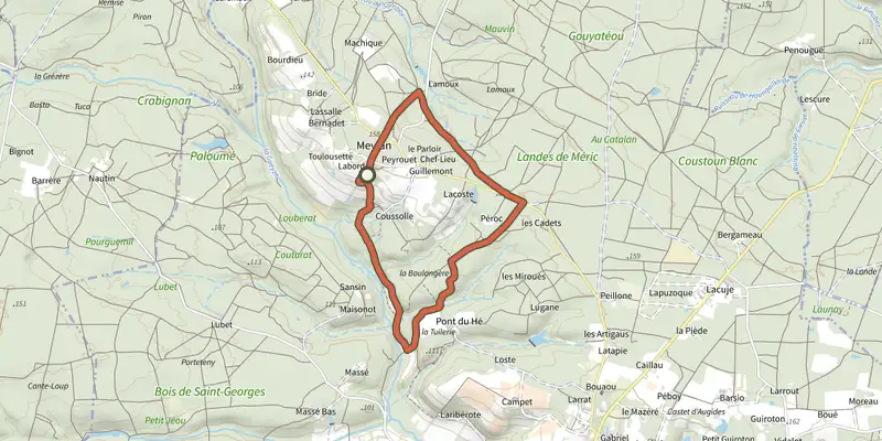 Map of the Sos, Meylan, balade entre pins et chênes 5.9 km track on the IGN map, with the start and numbered waypoints