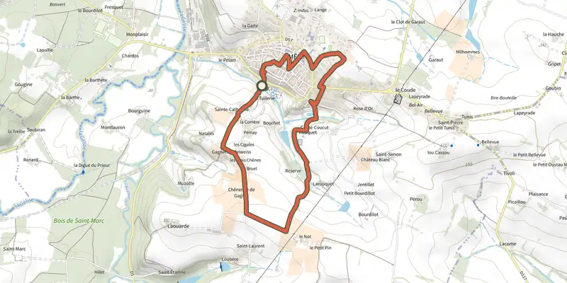 Map of the Mézin, des jardins paysagers à la table d'orientation 4.8 km track on the IGN map, with the start and numbered waypoints