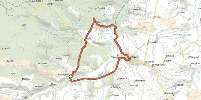 Tracé de De Mézin, la Médiévale à Poudenas, l'Italienne 14.3 km sur le Plan IGN
