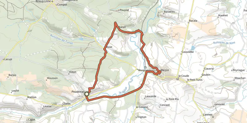 Map of the De Mézin, la Médiévale à Poudenas, l'Italienne 14.3 km track on the IGN map, with the start and numbered waypoints