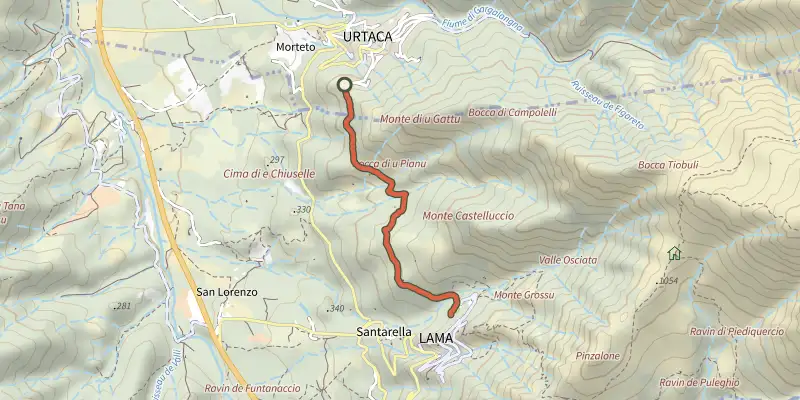 Carte du tracé de Lama - Urtaca sur le Plan IGN, départ et points de passage numérotés