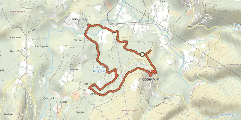 Carte du tracé de Boucle de San Bastianu sur le Plan IGN, départ et points de passage numérotés