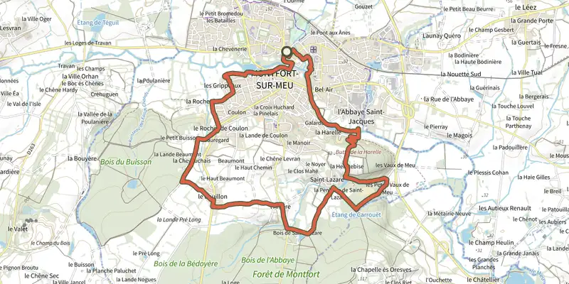 Map of the La porte de Brocéliande track on the IGN map, with the start and numbered waypoints