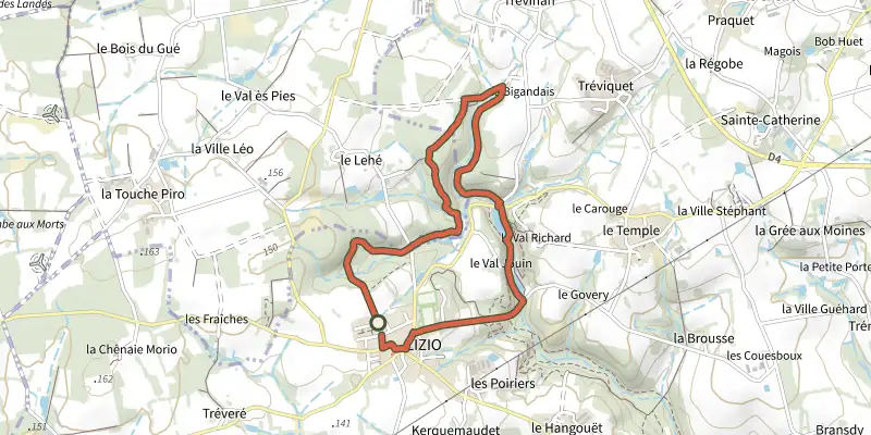 Map of the Sentier des Landes track on the IGN map, with the start and numbered waypoints