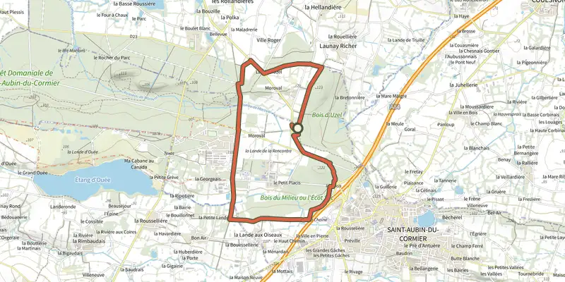Map of the La lande de la rencontre track on the IGN map, with the start and numbered waypoints